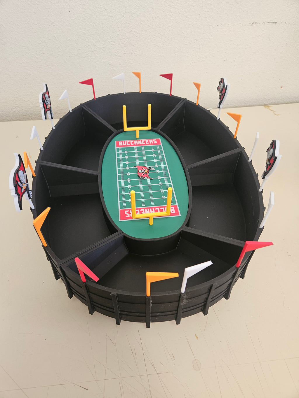 "Custom 3D printed snack stadium side view showing stadium shape design" 