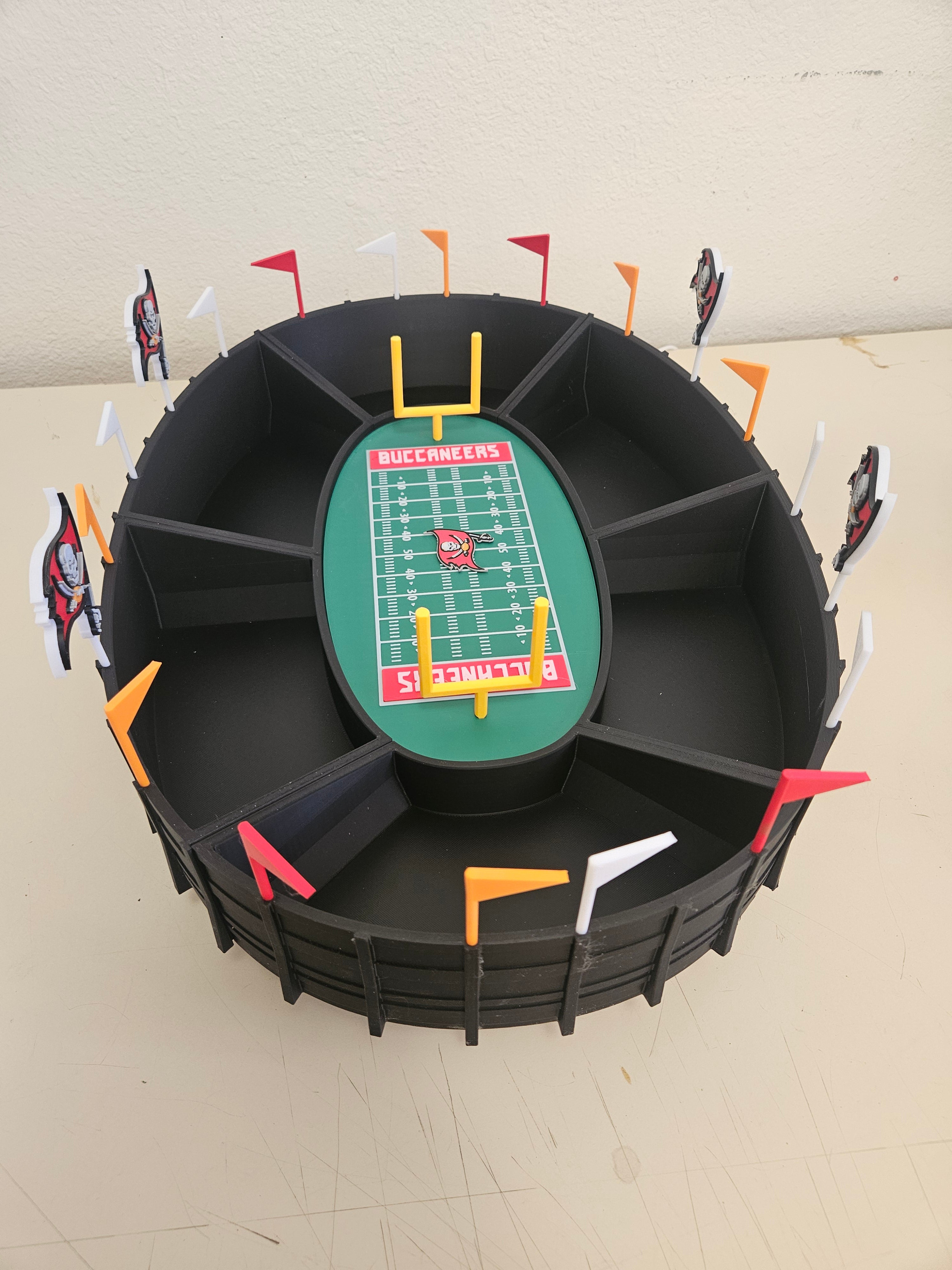 "Custom 3D printed snack stadium side view showing stadium shape design" 