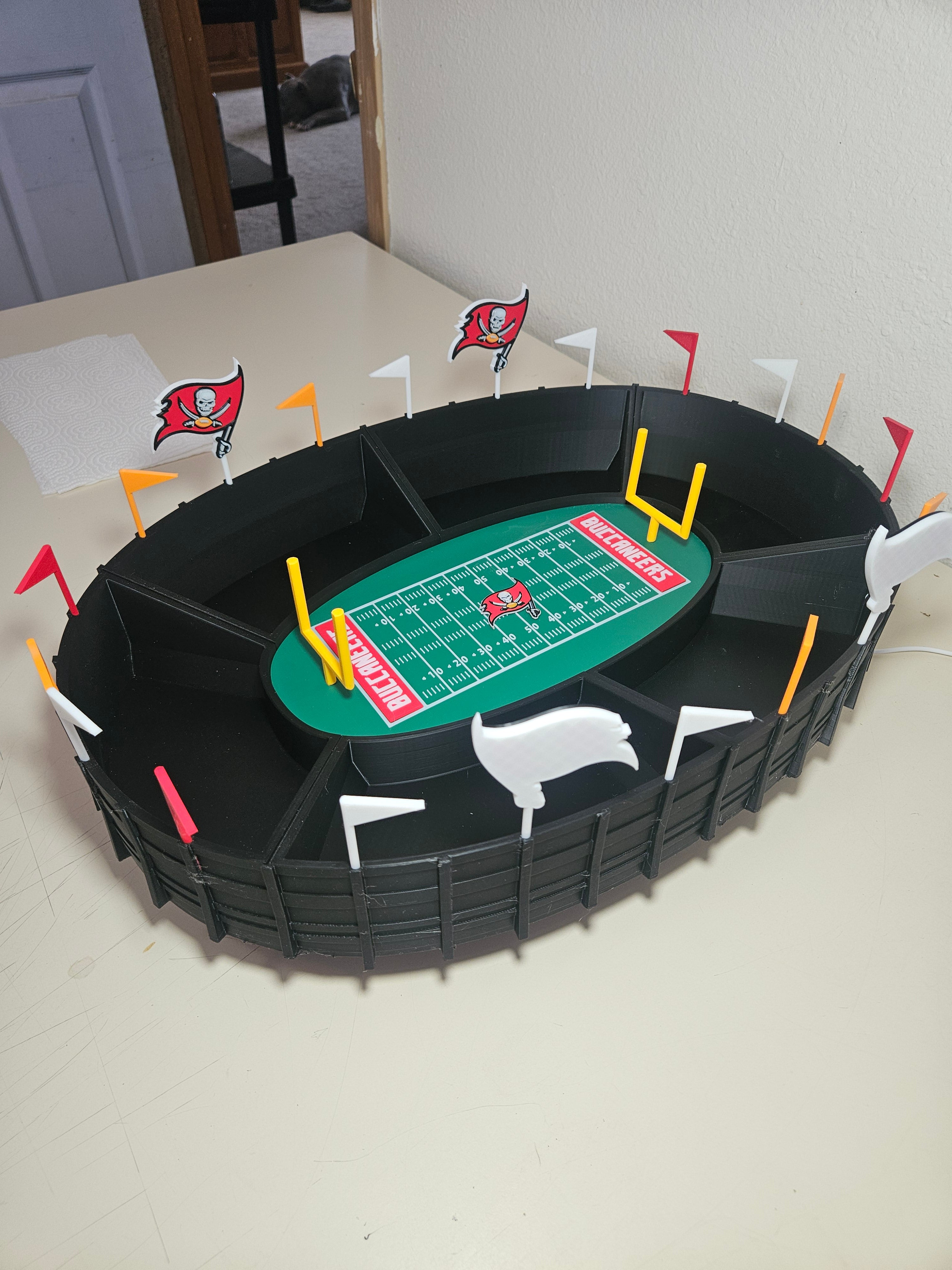 "Custom 3D printed snack stadium angle view showing stadium shape design"