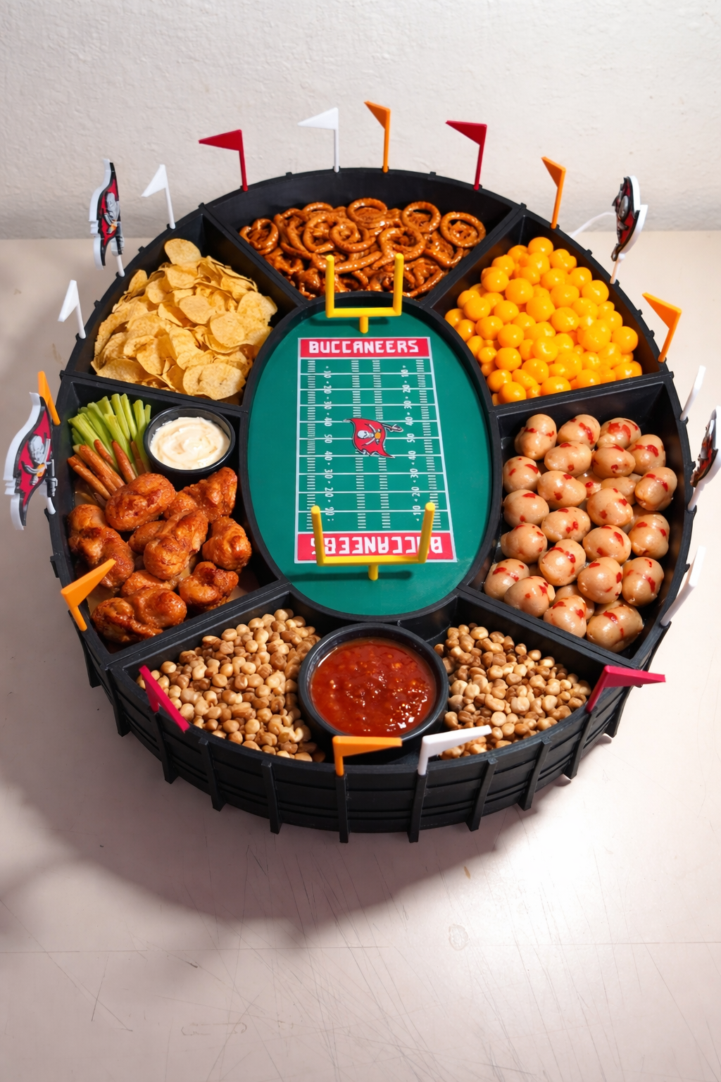  "Custom 3D printed snack stadium filled with game day snacks and dips"